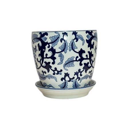 CACHEPOT PORCELANA AZUL E BRANCA FLOR DO ORIENTE MÉDIO D20CM X A20CM