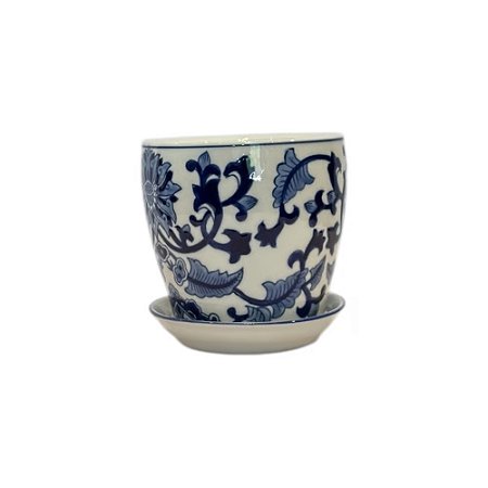 CACHEPOT PORCELANA AZUL E BRANCA FLOR DO ORIENTE PP D13CM X A12CM