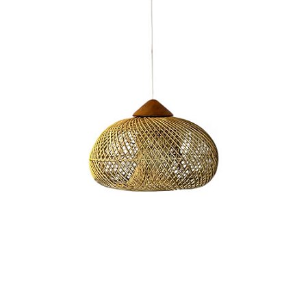 LUMINÁRIA PENDENTE FIBRA RATTAN E MADEIRA KAYU IMPORTADA ANGRA GRANDE D70CM X A50CM