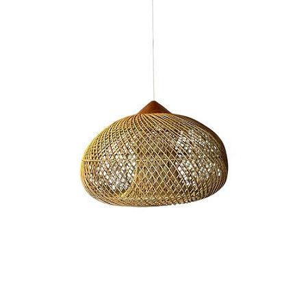 LUMINÁRIA PENDENTE FIBRA RATTAN E MADEIRA KAYU IMPORTADA ANGRA MÉDIA D60CM X A50CM