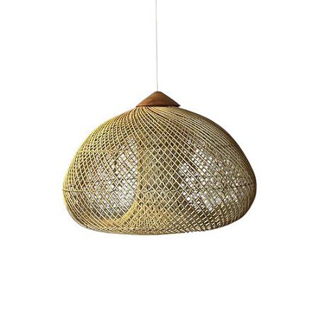 LUMINÁRIA PENDENTE FIBRA RATTAN E MADEIRA KAYU IMPORTADA ANGRA PEQUENA D50CM X A40CM