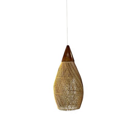 LUMINÁRIA PENDENTE FIBRA RATTAN E MADEIRA KAYU IMPORTADA JORDÃO D20CM X A50CM