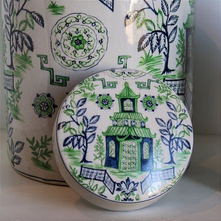 POTICHE IMPORTADO PORCELANA AZUL, BRANCO E VERDE ANTIQUE LUCUS GRANDE D23CM X A30CM
