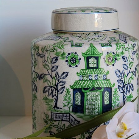 POTICHE IMPORTADO PORCELANA AZUL, BRANCO E VERDE ANTIQUE LUCUS MÉDIO D20CM X A25CM