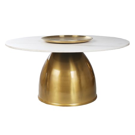 MESA EM METAL COM TAMPA EM PEDRA REDONDA DOURADO E BRANCO