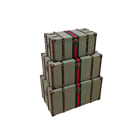 CJ DE BAUS MADEIRA REVESTIDO EM TECIDO CINZA FAIXA VERDE E VERMELHO 3PCS