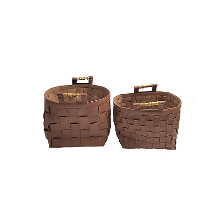 CJ DE CESTOS TRAMADOS EM COURO SINTETICO MARROM COM ALCA EM BAMBOO 2PCS