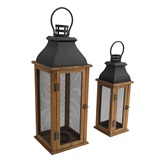 CONJ DE LANTERNAS DE METAL E MADEIRA PRETA E NATURAL - 2 PCS
