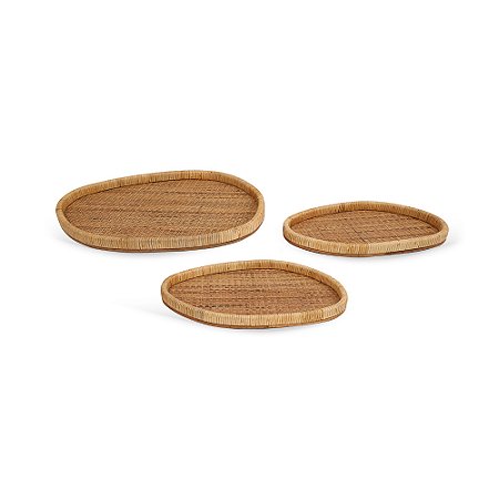 CJ DE BANDEJAS ORGANICAS EM MADEIRA E FIBRA RATTAN NATURAL 3PCS