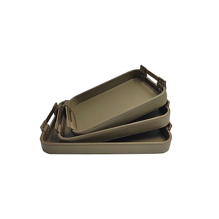 CJ DE BANDEJAS EM COURO SINTETICO VERDE COM ALCA DOURADO FOSCO 3PCS