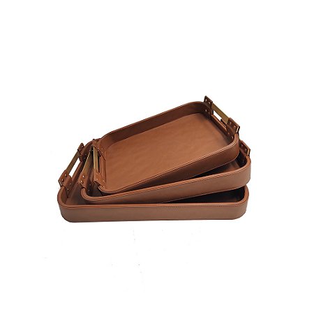 CJ DE BANDEJAS EM COURO SINTETICO MARROM COM ALCA DOURADO FOSCO 3PCS