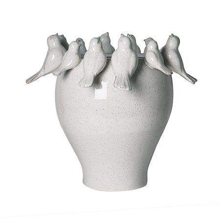 VASO DECORATIVO COM PASSAROS EM CERAMICA BRANCO