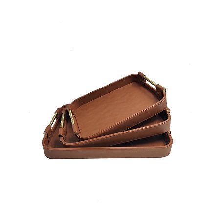 CJ DE BANDEJAS EM COURO SINTETICO MARROM COM ALCA DOURADO FOSCO 3PCS