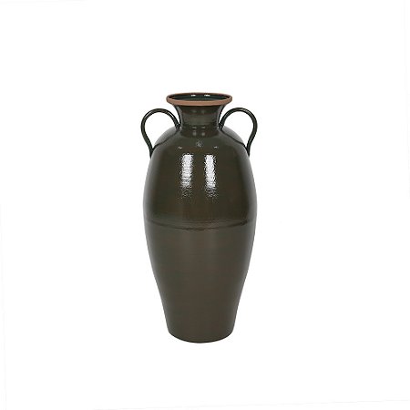 VASO DECORATIVO EM METAL COM ALCA VERDE COM DETALHE BEGE