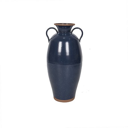 VASO DECORATIVO EM METAL COM ALCA AZUL COM DETALHE BEGE