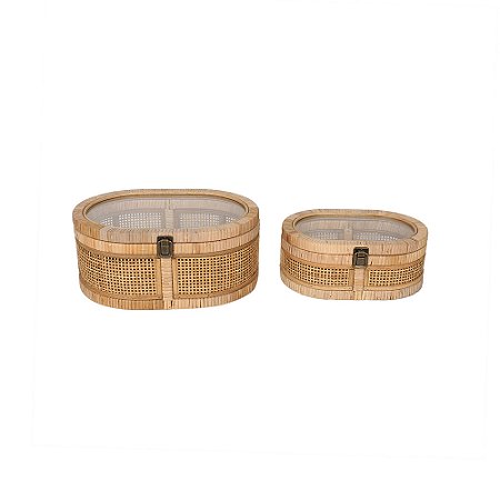 CJ CAIXAS DECORATIVAS EM RATTAN VIDRO E MADEIRA NATURAL 2PCS