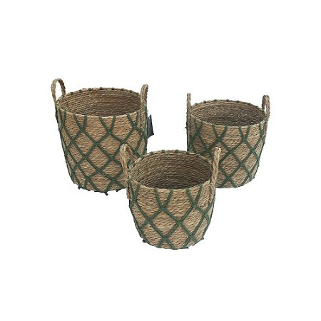 CJ DE CESTOS EM FIBRA VEGETAL TRANCADA NATURAL E VERDE 3PCS