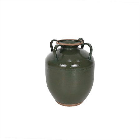 VASO DECORATIVO EM METAL COM ALCA VERDE COM DETALHE BEGE