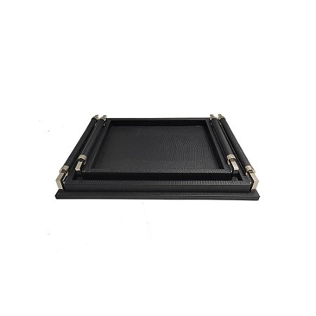 CJ DE BANDEJAS EM COURO SINTETICO PRETO E ALCA PRATA 2PCS