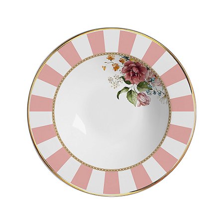 CJ PRATOS FUNDOS COM FRISO EM OURO LES FLEURS BRANCO E ROSA 6PCS