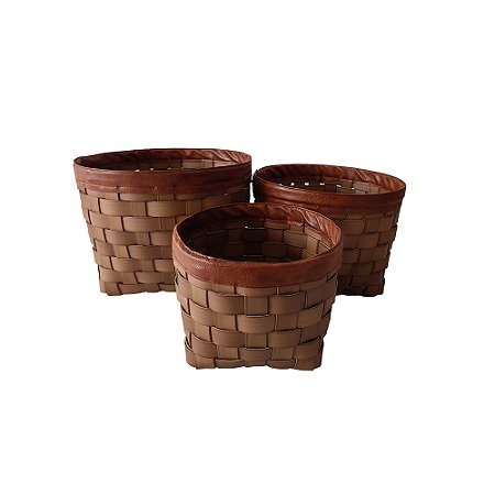 CJ DE CESTOS EM TIRAS E COURO SINTETICO MARROM 3PCS