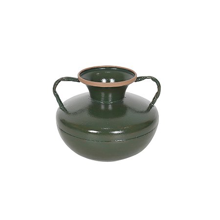 VASO DECORATIVO EM METAL COM ALCA VERDE COM DETALHE BEGE