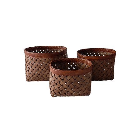 CJ DE CESTOS EM TIRAS E COURO SINTETICO MARROM 3PCS