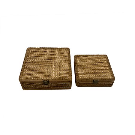 CJ DE CAIXAS DE MADEIRA COM DETALHES EM FIBRA RATTAN NATURAL 2PCS