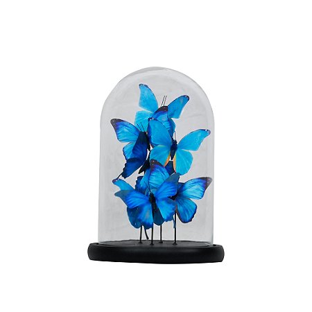 PECA DECORATIVA BORBOLETAS PAPEL AZUL CUPULA VIDRO TRANSP BASE MADEIRA