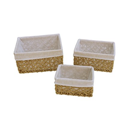 CJ DE CESTOS EM PAPEL TRANCADO NATURAL COM TECIDO BRANCO 3PCS