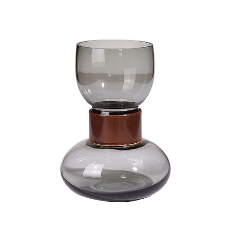 VASO DECORTAIVO EM VIDRO FUME COM DETALHE CENTRAL EM METAL BRONZE