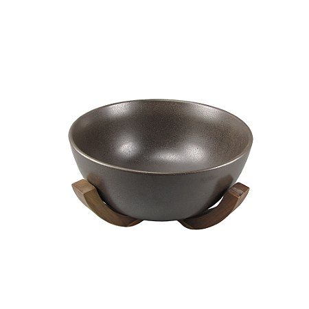 BOWL EM CERAMICA MARROM BASE EM MADEIRA
