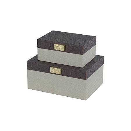 CJ DE CAIXAS DECORATIVAS MADEIRA REVESTIDA COURO SINTETICO CINZA E MARROM 2PCS
