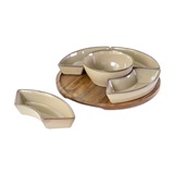 SET DE PORTA APERITIVOS DE CERAMICA BEGE E BASE DE MADEIRA - 5 PCS