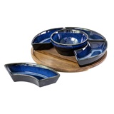 SET DE PORTA APERITIVOS DE CERAMICA AZUL E BASE DE MADEIRA - 5 PCS