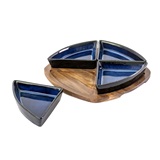 SET DE PORTA APERITIVOS DE CERAMICA AZUL E BASE DE MADEIRA - 4 PCS