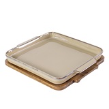 TRAVESSA QUADRADA DE CERAMICA BEGE COM MADEIRA