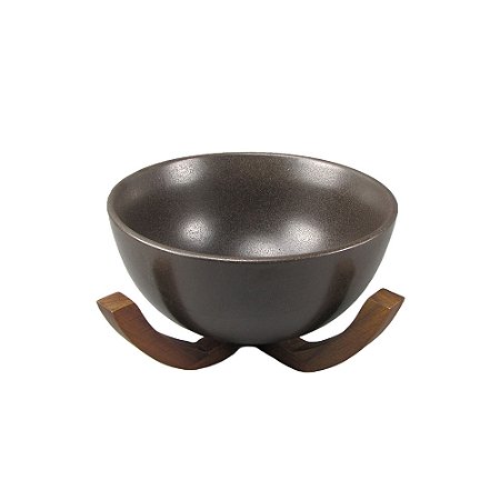 BOWL EM CERAMICA MARROM BASE EM MADEIRA