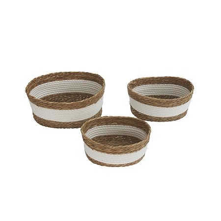 CJ DE CESTOS EM FIBRA VEGETAL TRANCADA NATURAL E BRANCO 3PCS