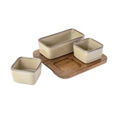 SET DE PORTA APERITIVOS DE CERAMICA BEGE E BASE DE MADEIRA - 3 PCS