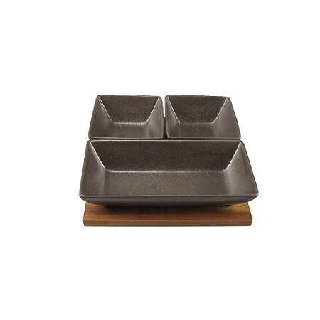 CJ PETISQUEIRA BOWLS EM CERAMICA E BANDEJA EM MADEIRA MARROM 4PCS