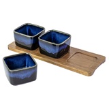 SET DE PORTA APERITIVOS DE CERAMICA AZUL E BASE DE MADEIRA - 3 PCS