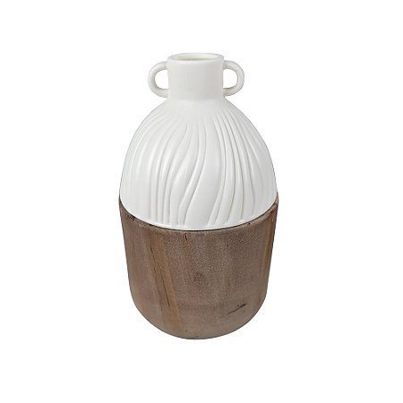 VASO DECORATIVO COM ALCA EM MADEIRA E CERAMICA BRANCO
