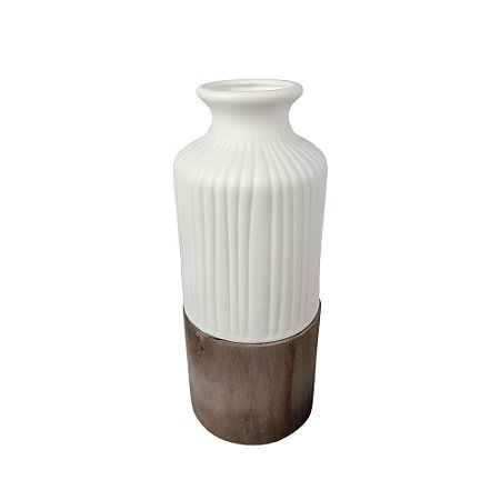 VASO DECORATIVO EM MADEIRA E CERAMICA BRANCO