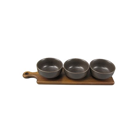 CJ PETISQUEIRA BOWLS EM CERAMICA E BANDEJA EM MADEIRA MARROM 4PCS