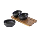 SET DE PORTA APERITIVOS DE CERAMICA PRETA E BASE DE MADEIRA - 3 PCS