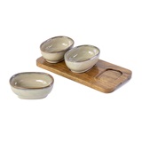 SET DE PORTA APERITIVOS DE CERAMICA BEGE E BASE DE MADEIRA - 3 PCS