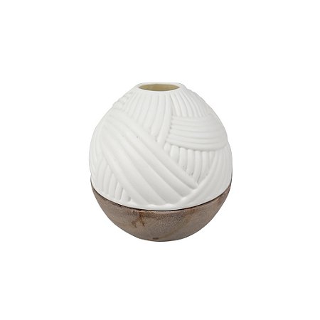 VASO DECORATIVO EM MADEIRA E CERAMICA BRANCO