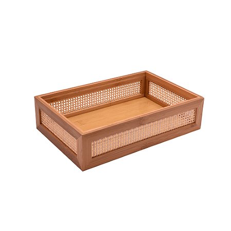BANDEJA EM MADEIRA NATURAL COM DETALHE EM TELA