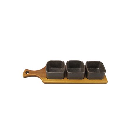 CJ PETISQUEIRA BOWLS EM CERAMICA E BANDEJA EM MADEIRA MARROM 4PCS